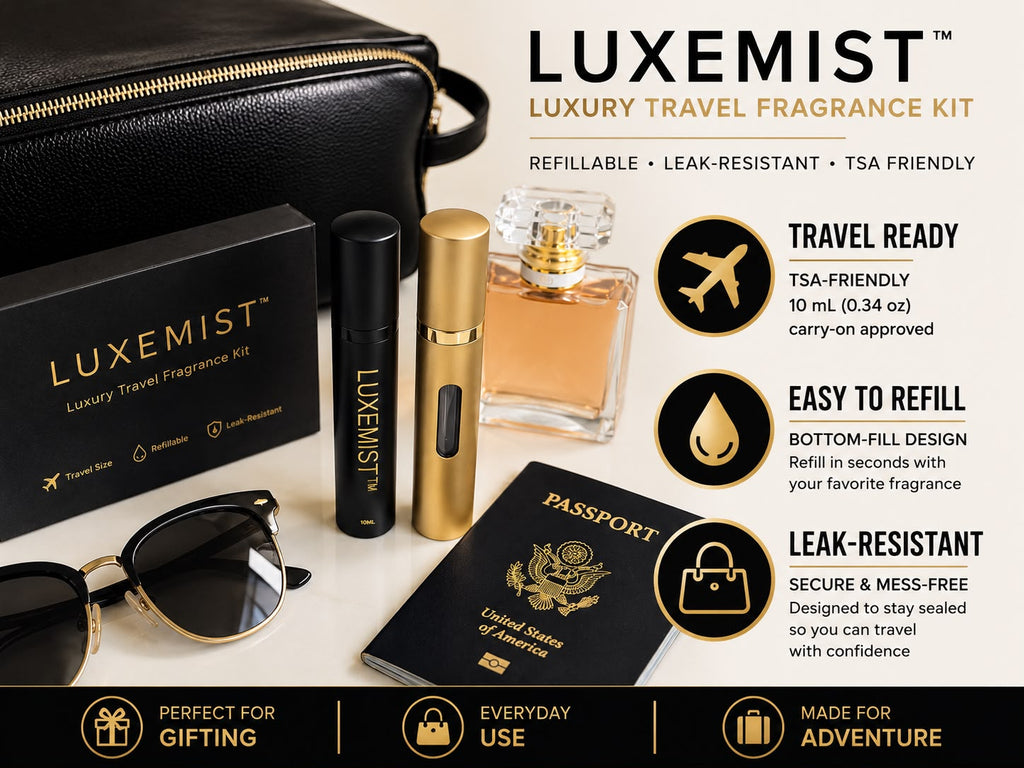 LUXEMIST™ Luxury Travel Fragrance Kit – 2 Premium 10 mL Bottom-Fill Refillable Perfume Atomizers