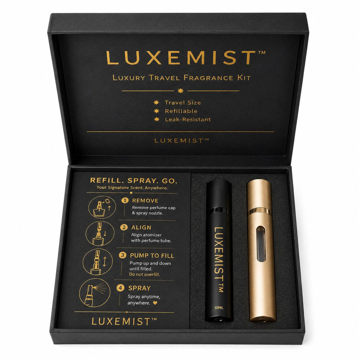 Luxury Travel Perfume Atomizer Set - 2 Pack Black & Gold, Refillable 10ml