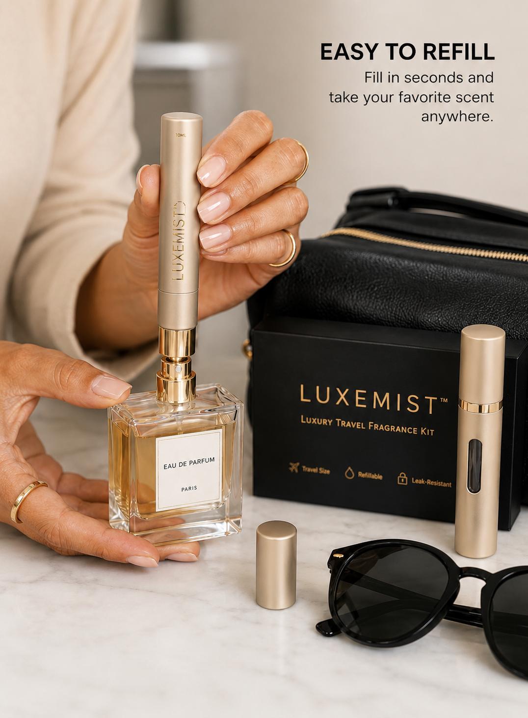 Luxury Travel Perfume Atomizer Set - 2 Pack Black & Gold, Refillable 10ml