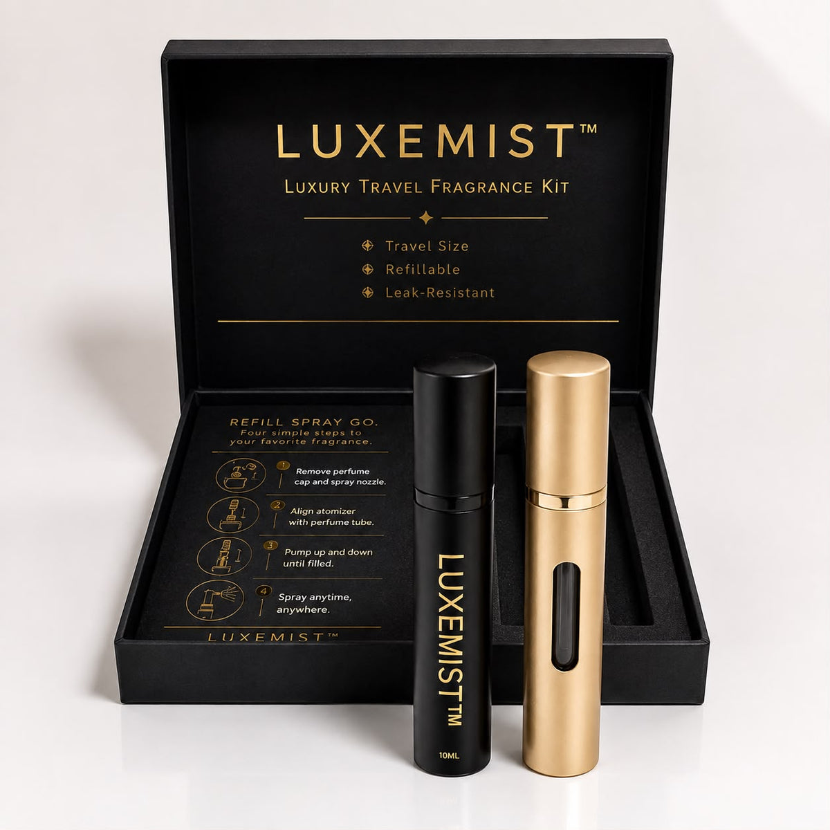 Luxury Travel Perfume Atomizer Set - 2 Pack Black & Gold, Refillable 10ml